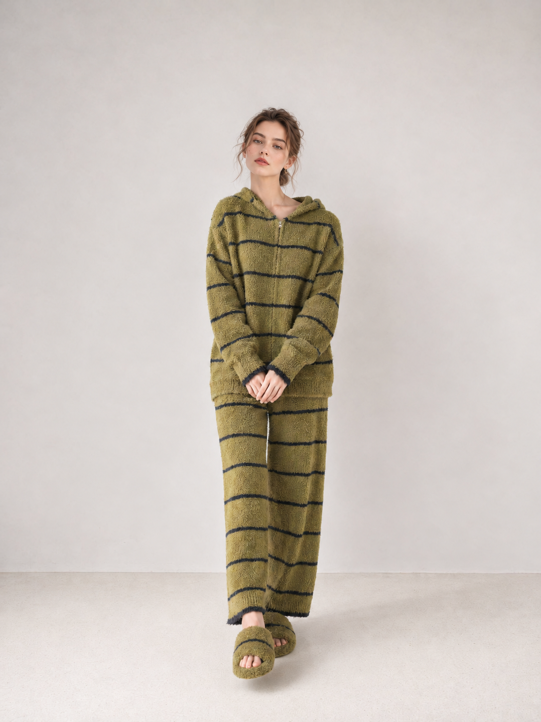 Green White Striped Zip Up Hooded Half Fleece Pajama Set Women's Warm Winter Loungewear with Pockets - Image 9