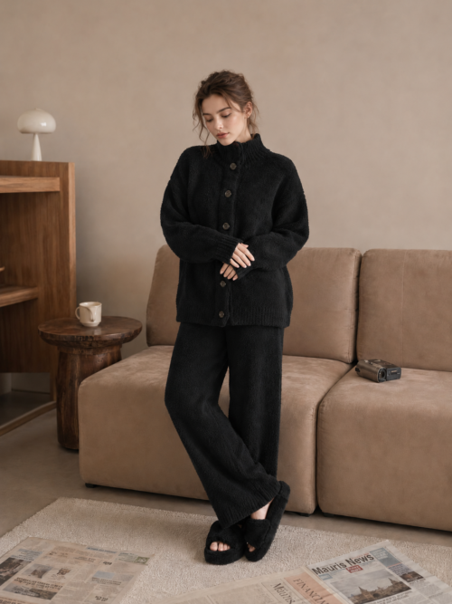 Cream Button Front Half Fleece Pajama Set Women's Solid Color Warm Winter Loungewear