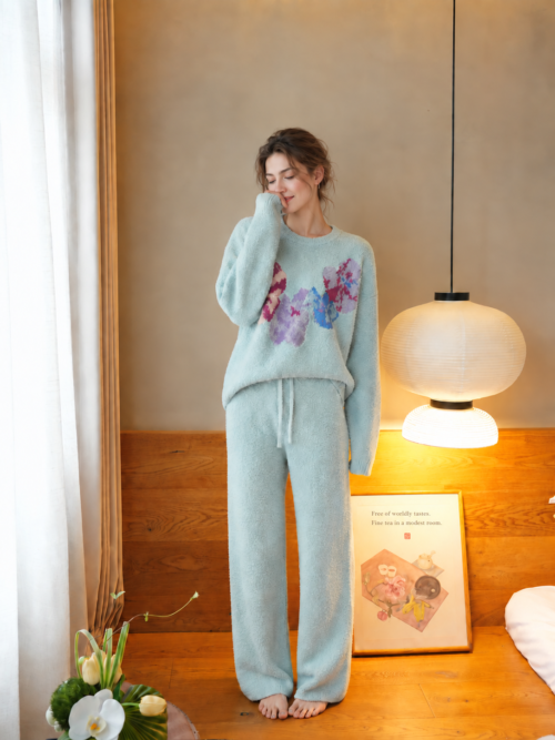 Cream Colorful Floral Print Crew Neck Half Fleece Pajama Set Women's Warm Winter Loungewear