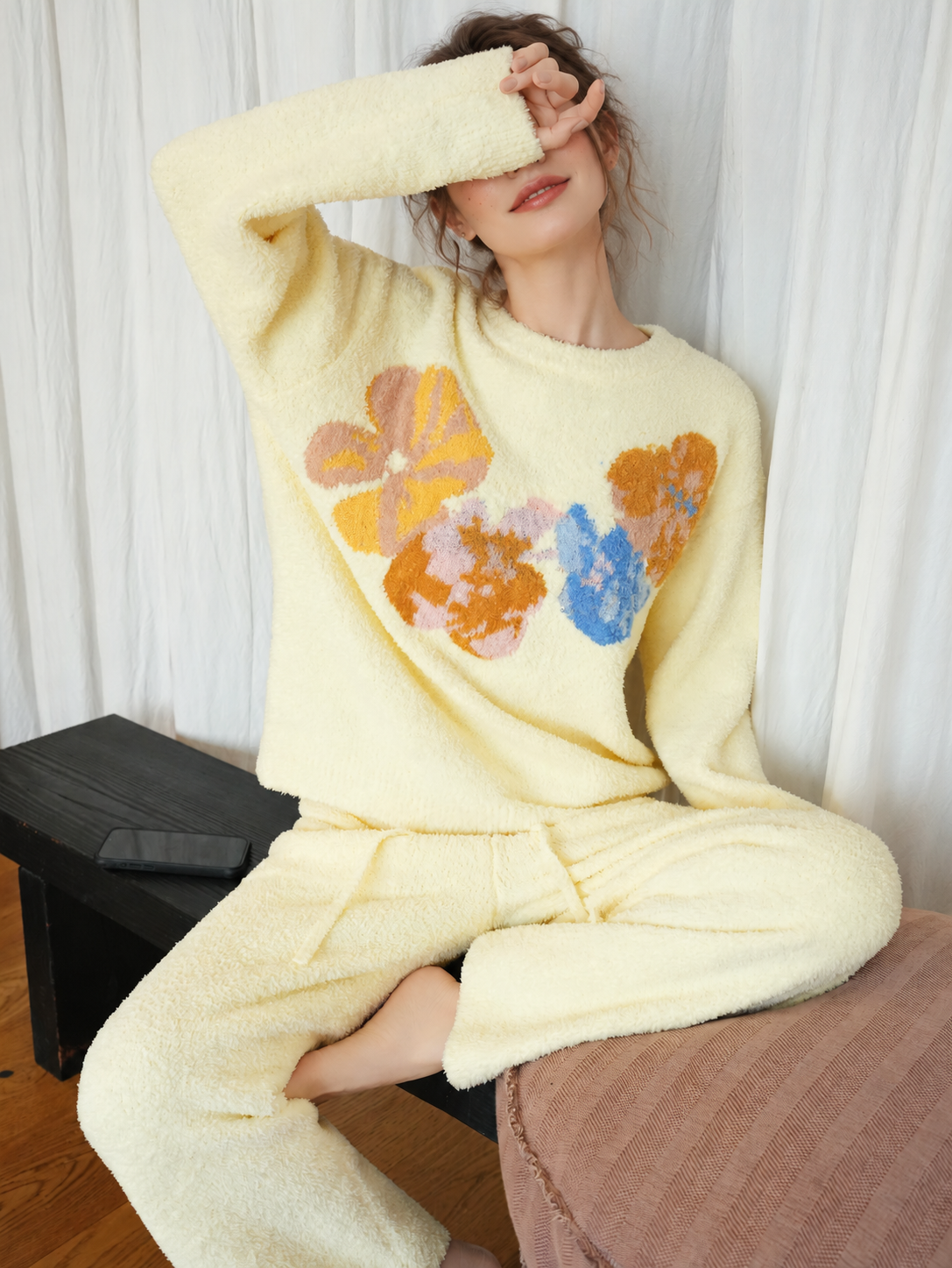 Cream Colorful Floral Print Crew Neck Half Fleece Pajama Set Women's Warm Winter Loungewear - Image 32