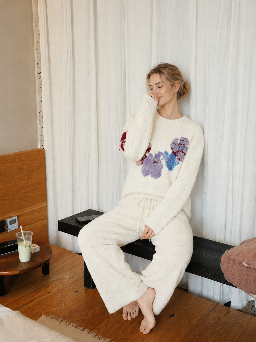 Cream Colorful Floral Print Crew Neck Half Fleece Pajama Set Women's Warm Winter Loungewear - Image 23