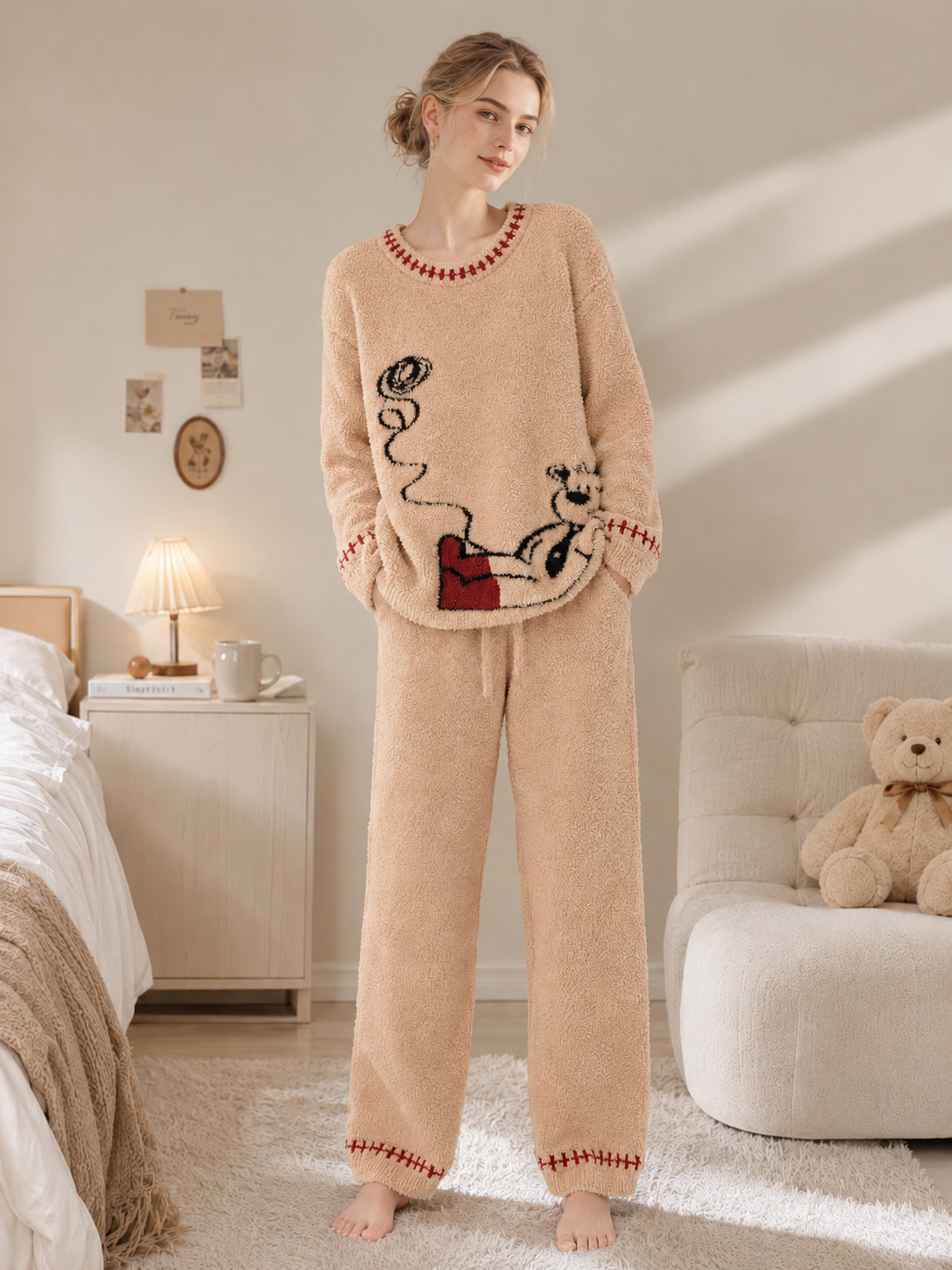 Women's Khaki Half Fleece Sleepwear Set, Crew Neck Long Sleeve Top & Drawstring Wide Leg Pants, Bear Jacquard Pattern, Red Contrast Stitching, Pocket Design