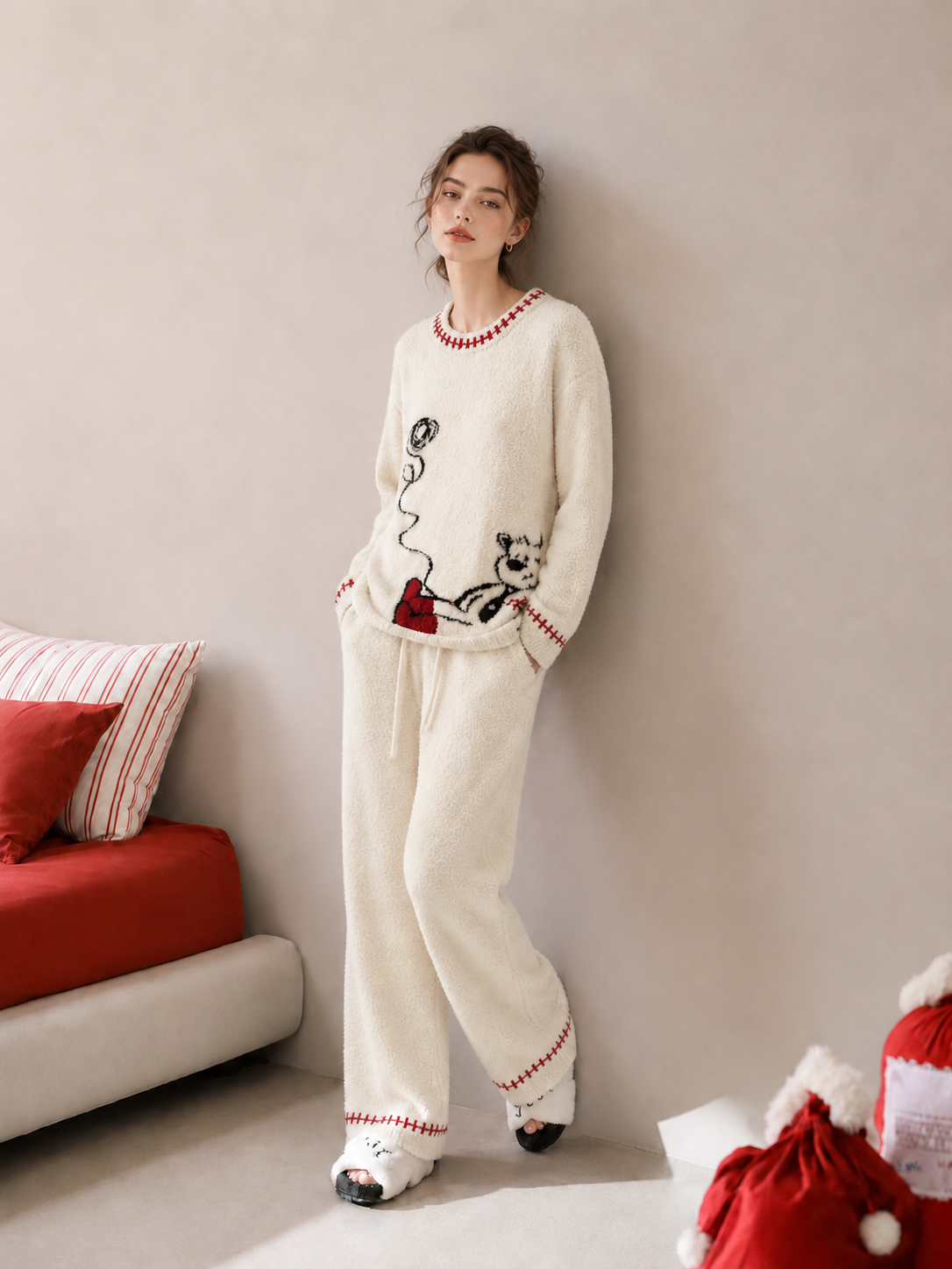 Women's Off-White Half Fleece Loungewear Set, Crew Neck Long Sleeve Top & Drawstring Wide Leg Pants, Bear Jacquard Pattern, Red Contrast Stitching Detail