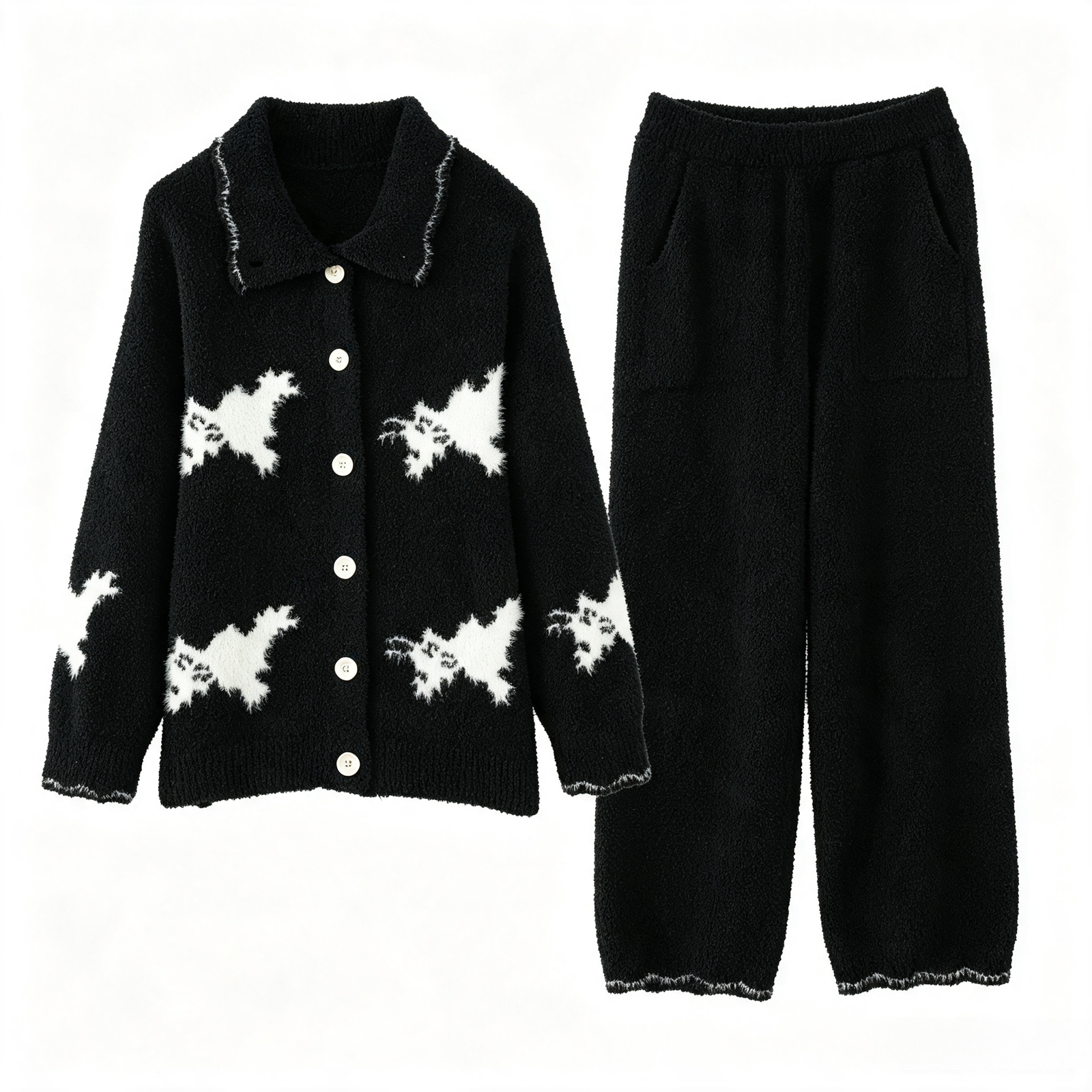 Women's Black Half Fleece Sleepwear Set, Peter Pan Collar Button Up Top & Wide Leg Trousers, White Puppy Print, Contrast Edge Trim