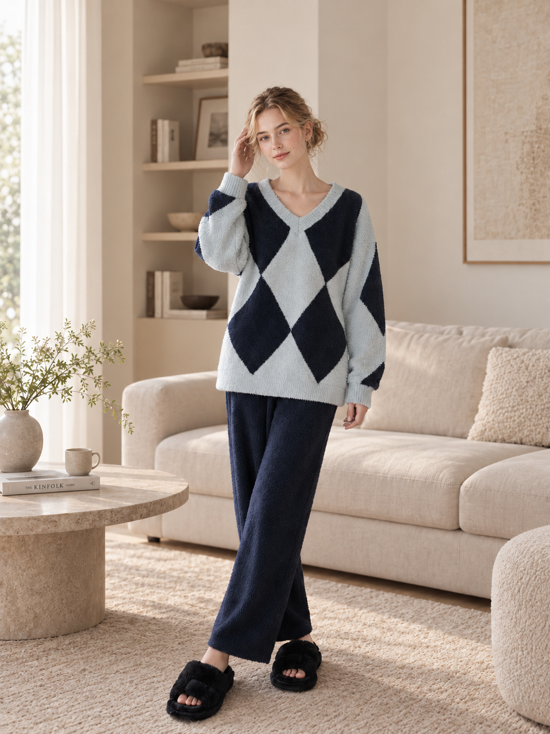 Women's Navy and Light Blue Half Fleece Sleepwear Set, V-Neck Long Sleeve Argyle Top, Solid Wide Leg Pants, Soft Half Fleece Fabric