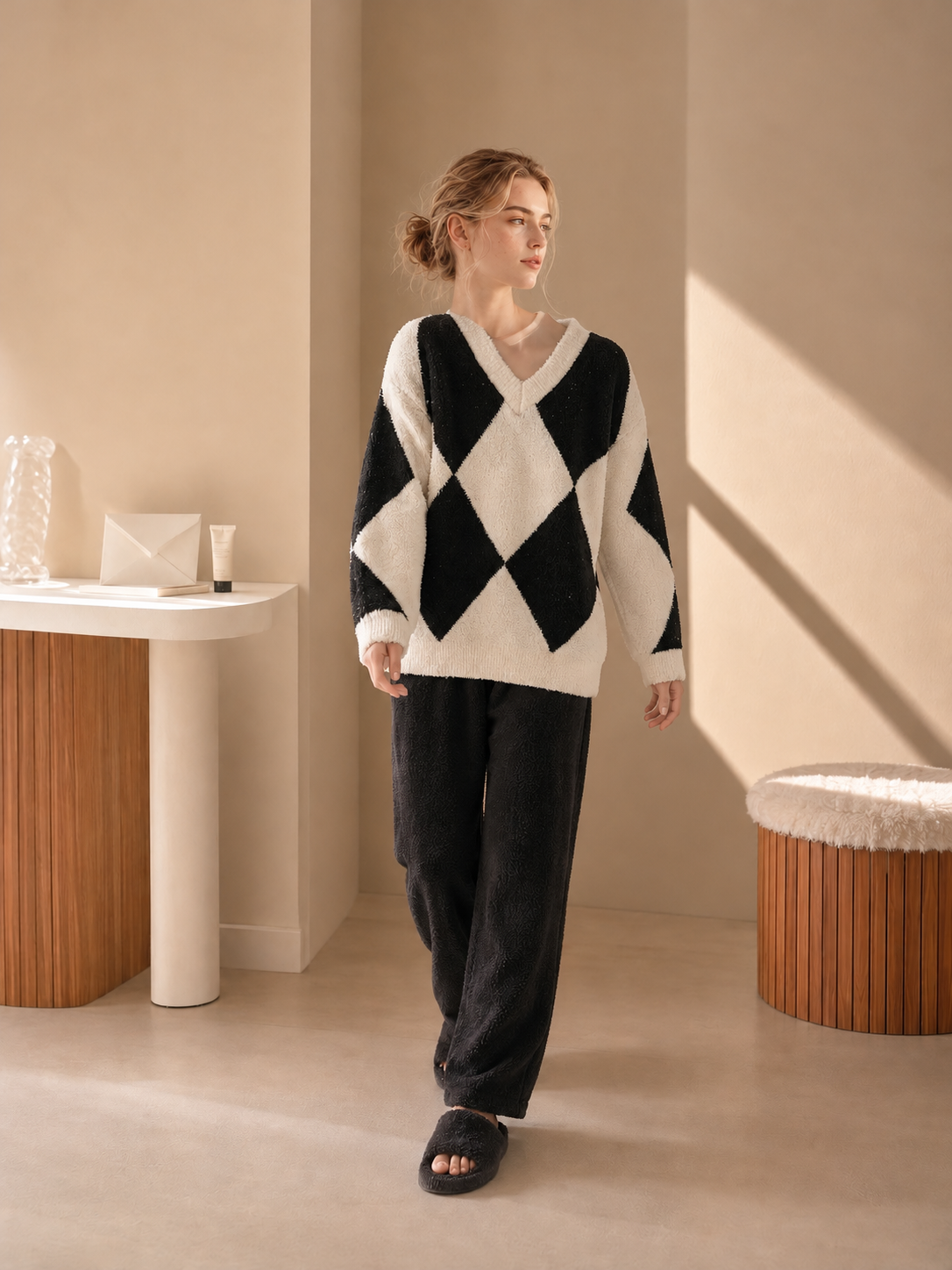 Women's Black and White Half Fleece Sleepwear Set, V-Neck Long Sleeve Argyle Top, Solid Black Wide Leg Trousers, Soft Half Fleece Fabric