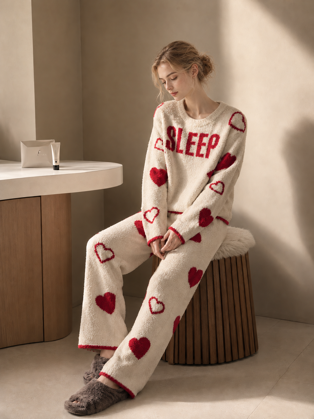 Women's Off-White and Red Half Fleece Sleepwear Set, Crew Neck Long Sleeve Top & Elastic Waist Wide Leg Pants, Allover Heart Pattern, Chest SLEEP Letter Jacquard