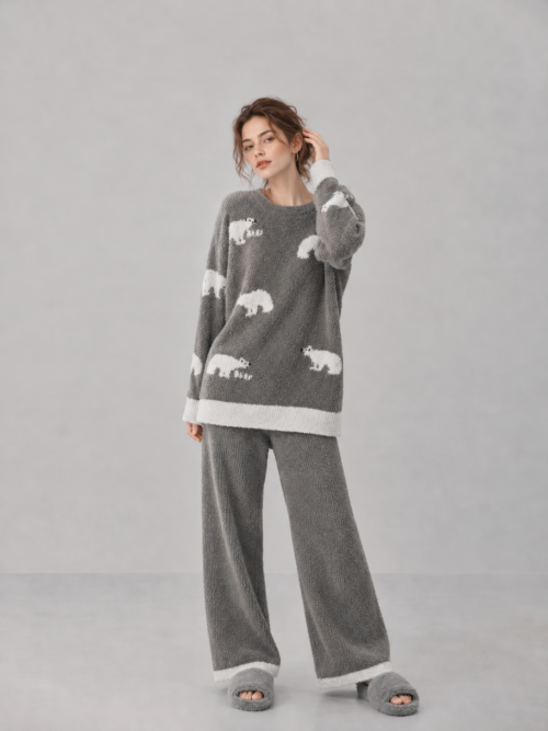 Women's Dark Gray and Off-White Half Fleece Sleepwear Set, Crew Neck Long Sleeve Pullover Top & Elastic Waist Wide Leg Pants, Polar Bear Pattern, Side Pocket Detail