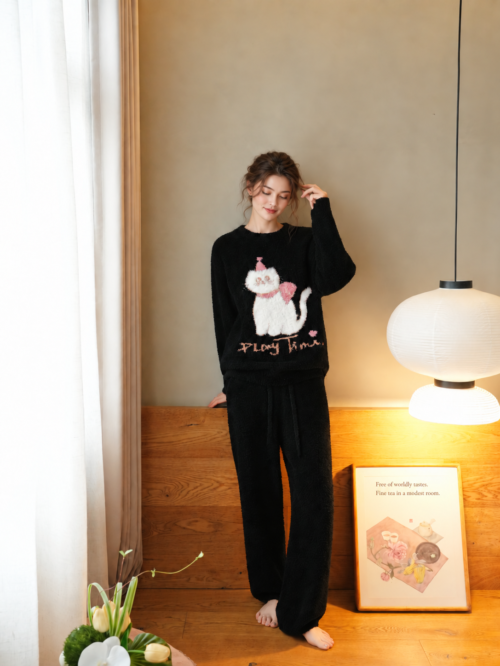 Women's Black Half Fleece Pajama Set, Close-up View, Crew Neck Top with Cat & Letter Embroidery, Soft Fluffy Fabric, Ribbed Trim