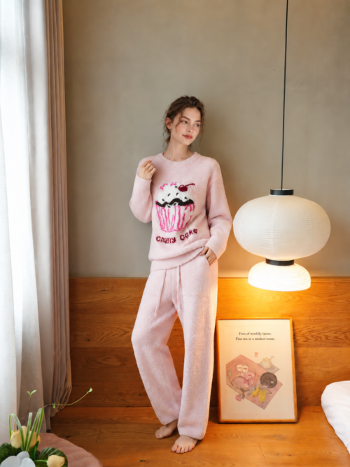 Women's Pink Half Fleece Sleepwear Set, Crew Neck Long Sleeve Top & Wide Leg Pants, Cherry Cupcake Print, Side Pocket Detail