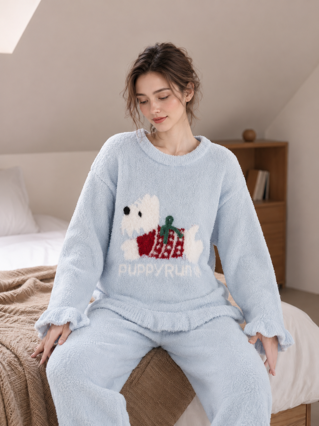 Women's Light Blue and White Half Fleece Sleepwear Set, Crew Neck Long Sleeve Pullover Top & Elastic Waist Wide Leg Pants, Puppy Pattern Jacquard, Ruffled Cuff Detail