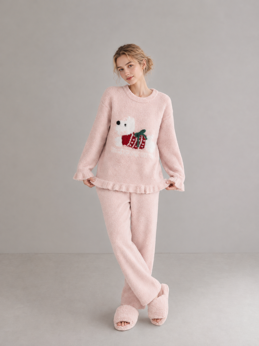 Women's Pink and White Half Fleece Sleepwear Set, Crew Neck Long Sleeve Pullover Top & Elastic Waist Wide Leg Pants, Puppy Pattern Jacquard, Ruffled Cuff Detail