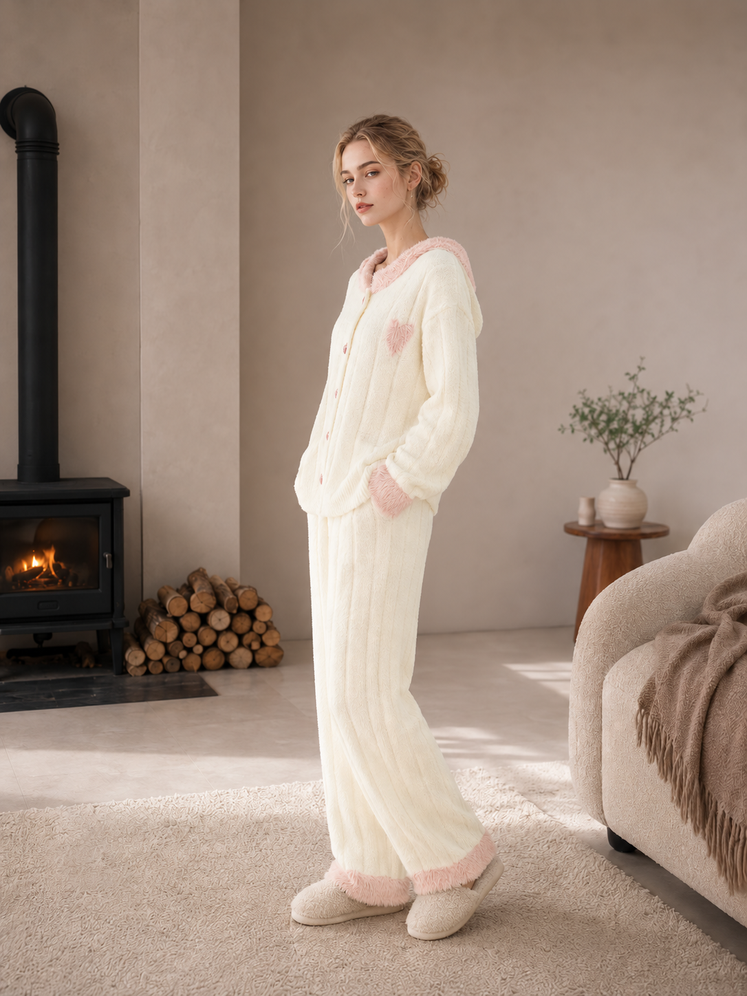 Women's Off-White and Pink Half Fleece Sleepwear Set, Bunny Ear Hooded Long Sleeve Cardigan Top & Elastic Waist Wide Leg Pants, Vertical Ribbed Texture, Contrast Furry Trim