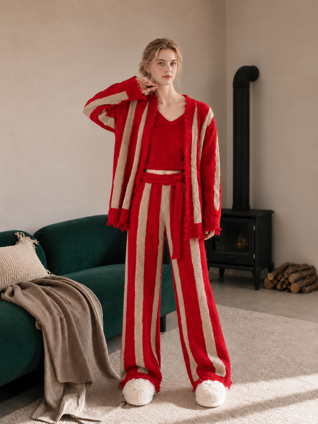Women's Red & Khaki Half Fleece Sleepwear Set, 3-Piece Vertical Stripe Belted Frayed Edge Cardigan & Wide Leg Pants, Front View