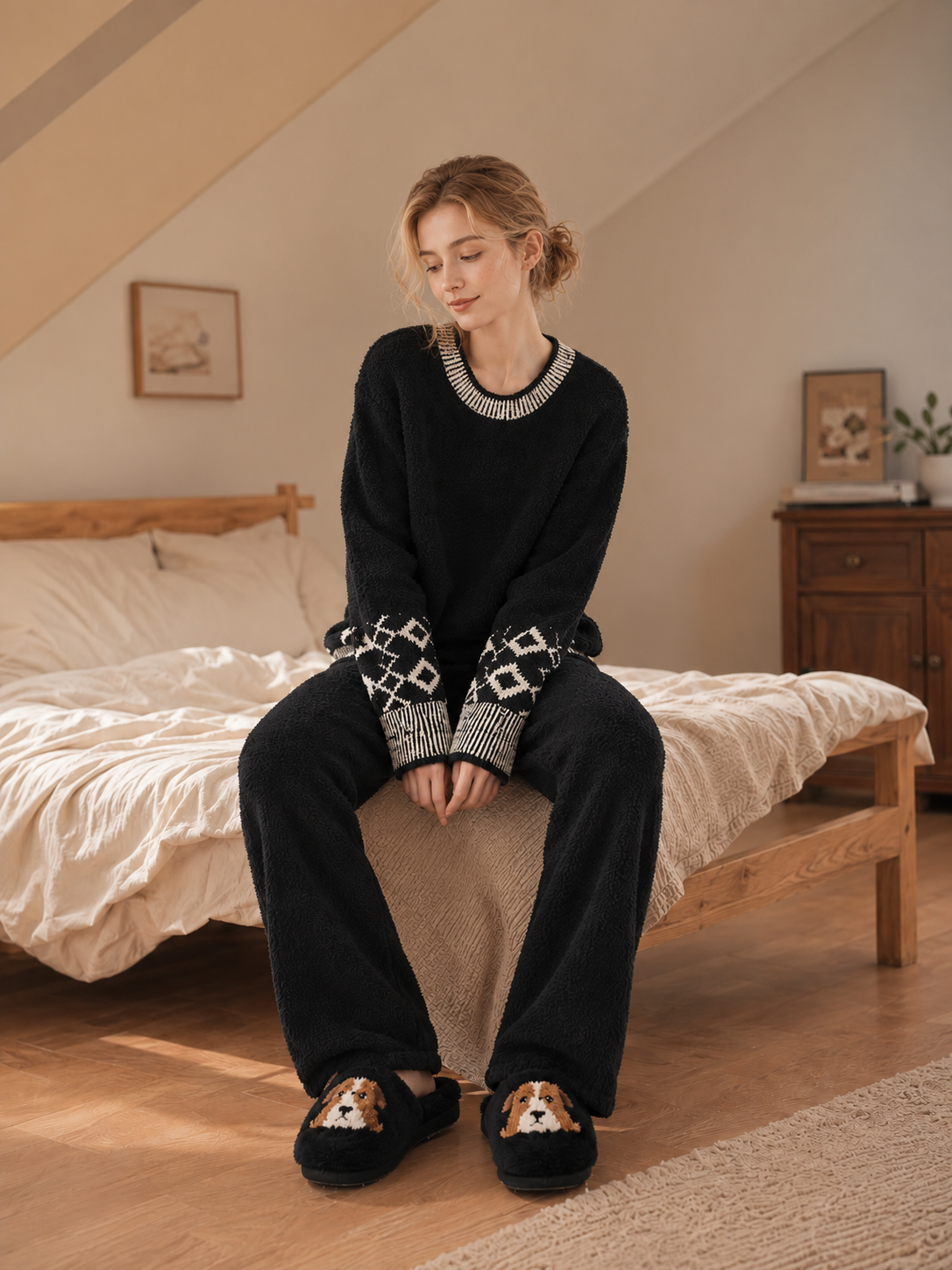 Women's Black Half Fleece Sleepwear Set, Crew Neck Diamond Intarsia Long Sleeve Top & Long Pants, Full Front View
