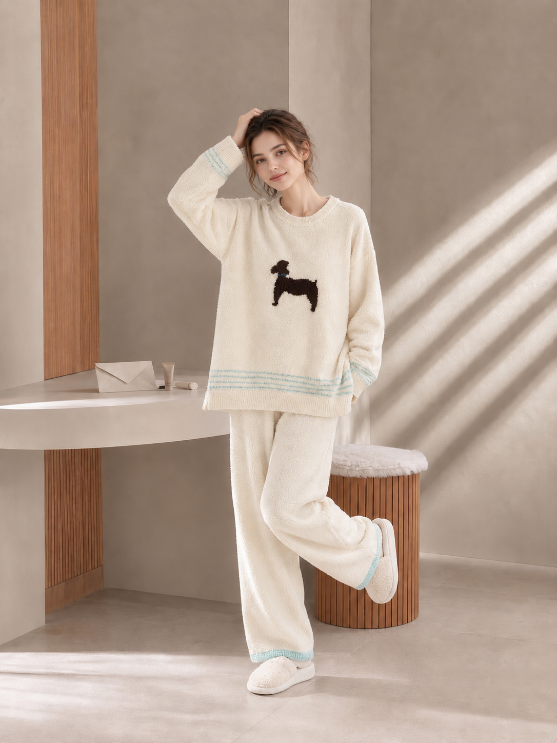 Women's Cream White Half Fleece Sleepwear Set, Crew Neck Puppy Print Top & Elastic Waist Wide Leg Pants, Full Front View