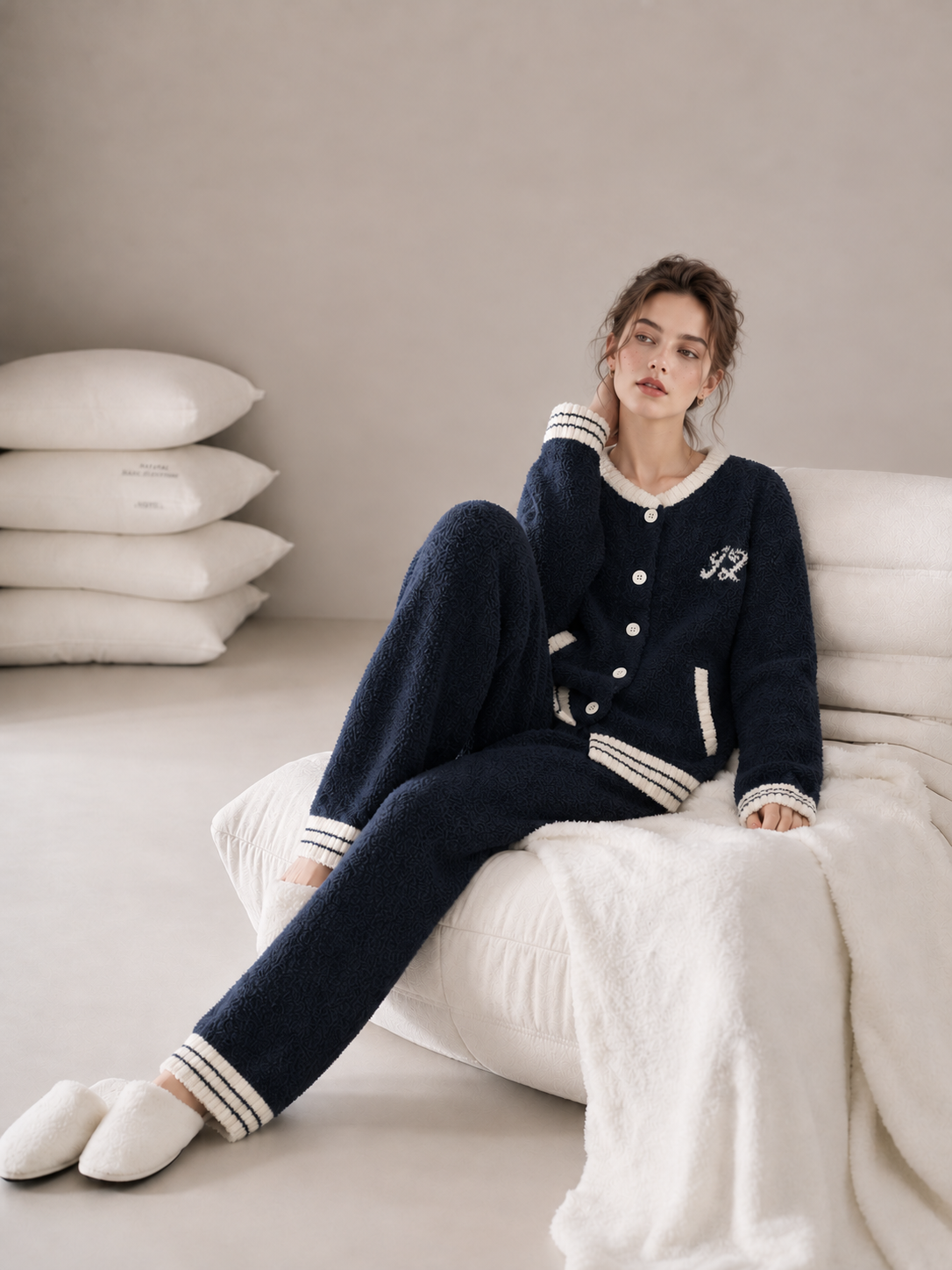 Navy Blue & Cream Half Fleece Sleepwear Set, Contrast Trim Buttoned Long Sleeve Top & Long Pants, Chest Letter Embroidery