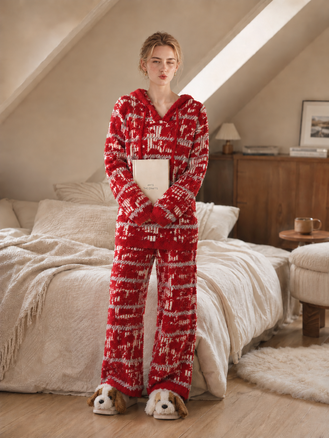 Women's Red and Off-White Half Fleece Sleepwear Set, Hooded Long Sleeve Top & Wide Leg Pants, Geometric Jacquard Weave Pattern