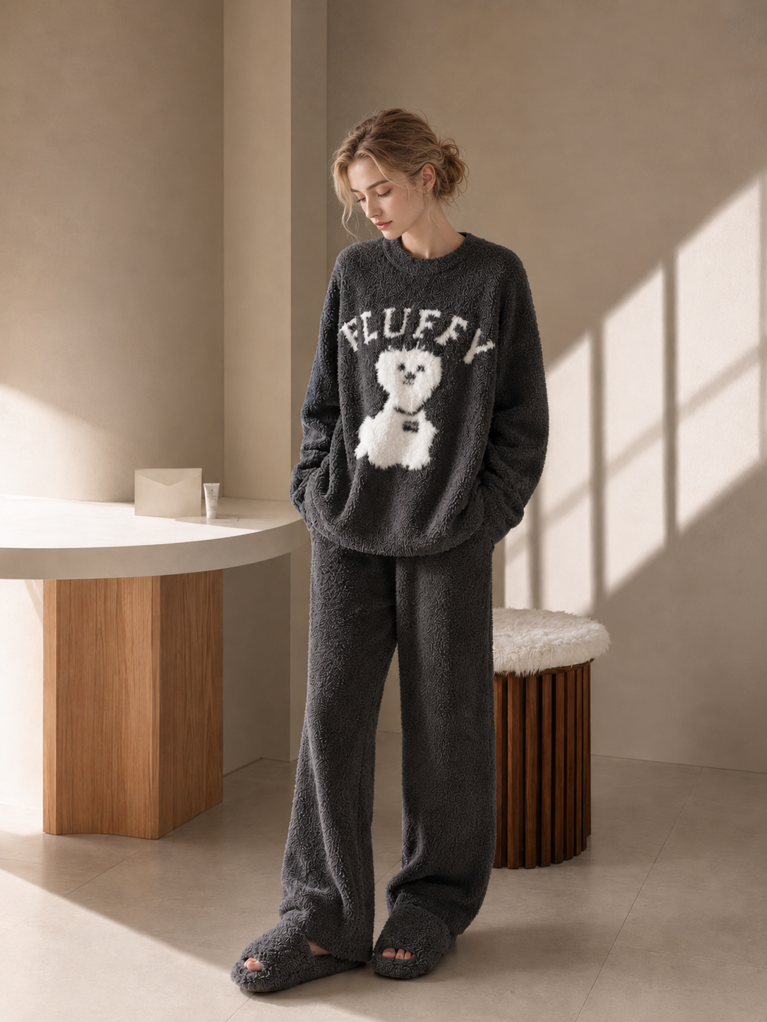 Women's Dark Gray Half Fleece Sleepwear Set Multi-Detail View, Puppy & Letter Jacquard Top, Pocketed Wide Leg Pants, Ribbed Cuff and Waistband Craft