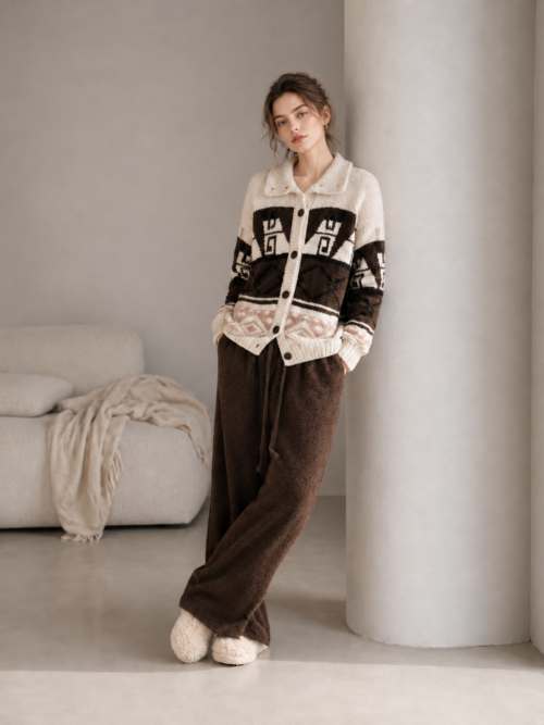 Women's Brown and Cream Half Fleece Loungewear Set, Collared Button-Front Long Sleeve Top & Drawstring Wide Leg Pants, Retro Geometric Jacquard, Soft Fleece Fabric