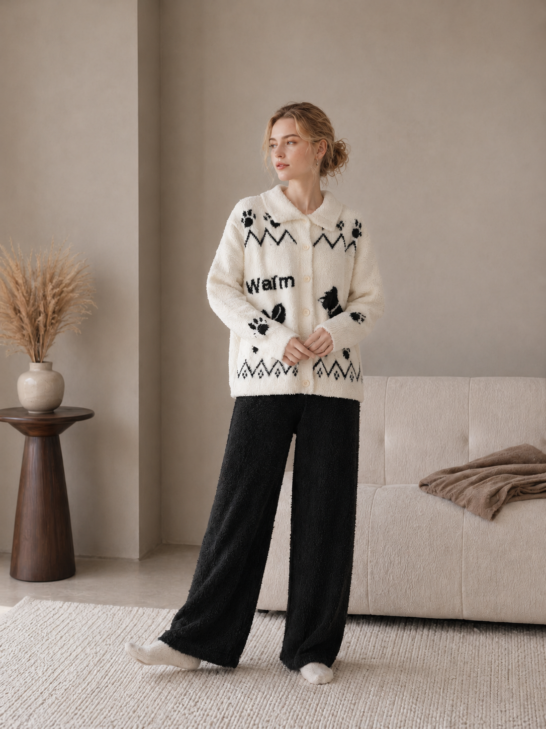 Women's Cream & Black Half Fleece Loungewear Set, Collared Button Cardigan Top & Wide Leg Pants, Puppy & Bow Jacquard Pattern with Paw Detail