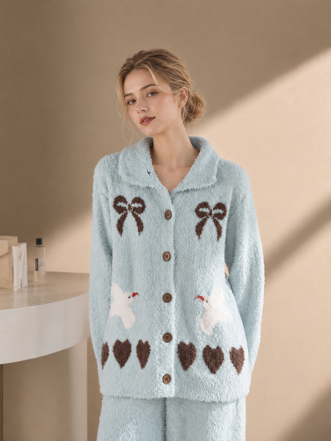 Women's Light Blue Half Fleece Loungewear Set, Pajama Collar Button-Front Long Sleeve Top & Wide Leg Trousers, Bow & Heart Dove Jacquard Design