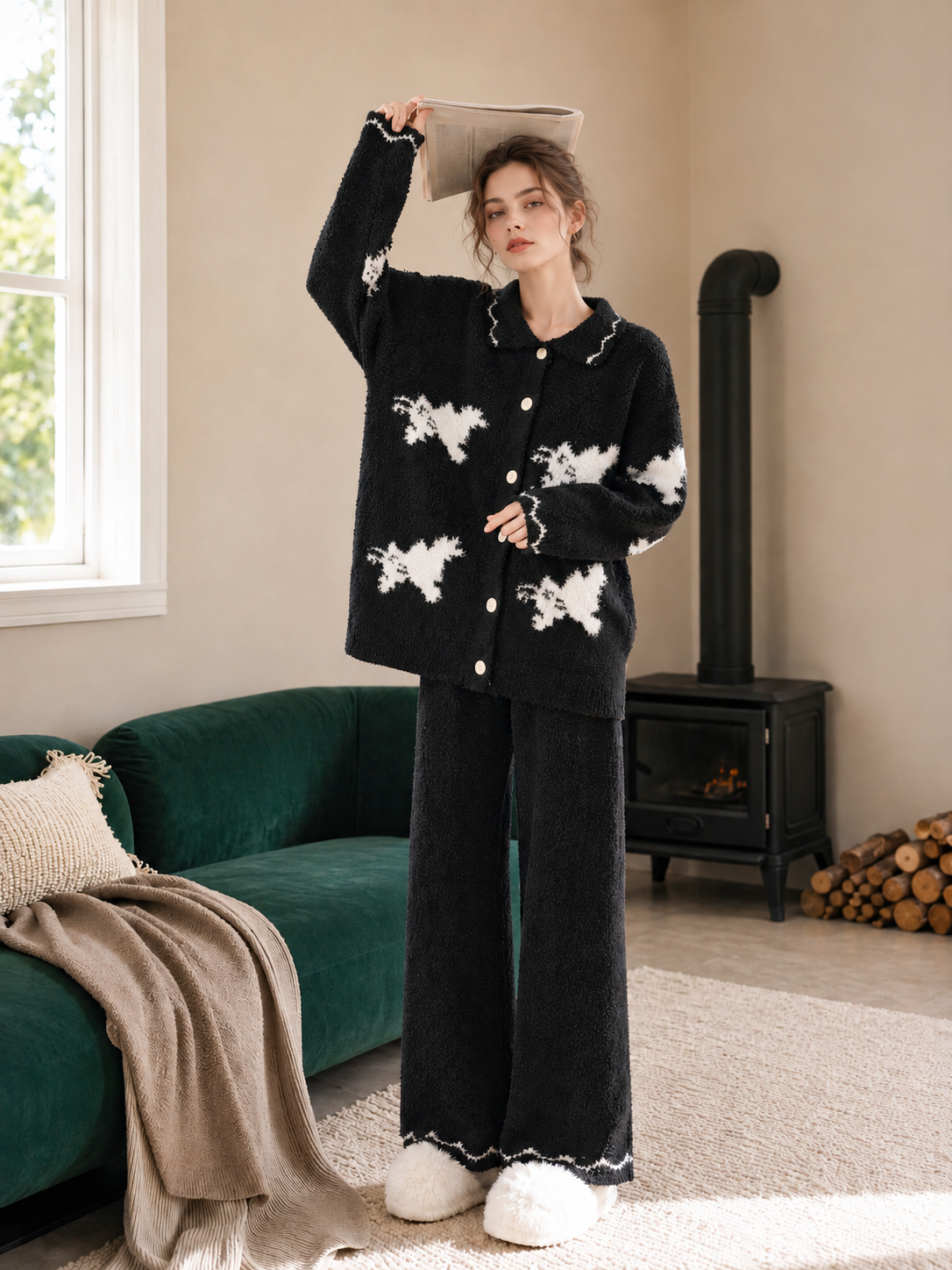 Women's Black Half Fleece Sleepwear Set, Collared Button-Front Long Sleeve Top & Wide Leg Pants, Puppy Jacquard with Scalloped Trim