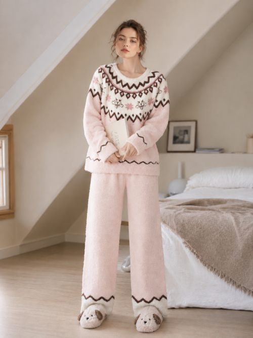 Women's Pink & Cream Half Fleece Loungewear Set, Crew Neck Long Sleeve Fair Isle Pattern Top & Wide Leg Trousers, Contrast Zigzag Hem