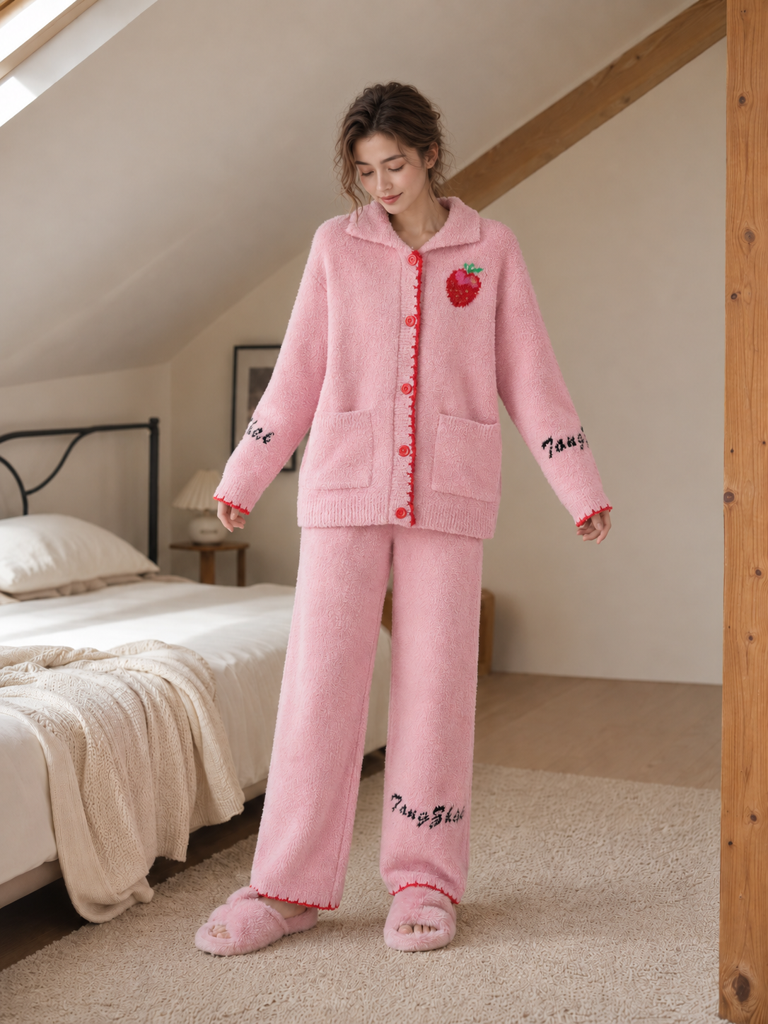 Women's Pink Half Fleece Sleepwear Set, Lapel Collar Button Front Long Sleeve Top & Elastic Waist Wide Leg Pants, Strawberry & Letter Graphic, Contrast Shell Stitch Trim & Side Pockets