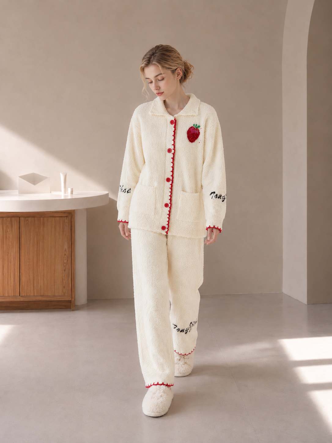 Women's Off-White Half Fleece Sleepwear Set, Shirt Collar Button Front Long Sleeve Top & Elastic Waist Wide Leg Pants, Strawberry Embroidery, Contrast Shell Stitch Trim & Front Pockets