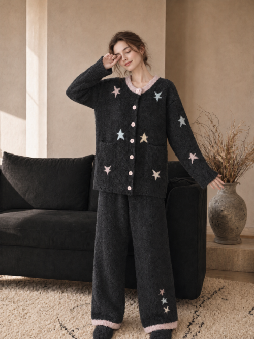 Pastel Star Pattern Button-Front Half Fleece Pajama Set Women's Dark Grey Contrast Trim Warm Winter Loungewear