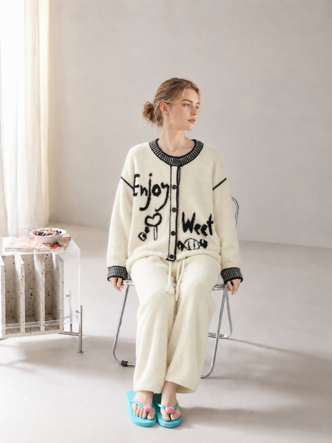 Off-White & Black Half Fleece Sleepwear Set, Long Sleeve Button Front Top with Graffiti Print, Drawstring Wide Leg Trousers