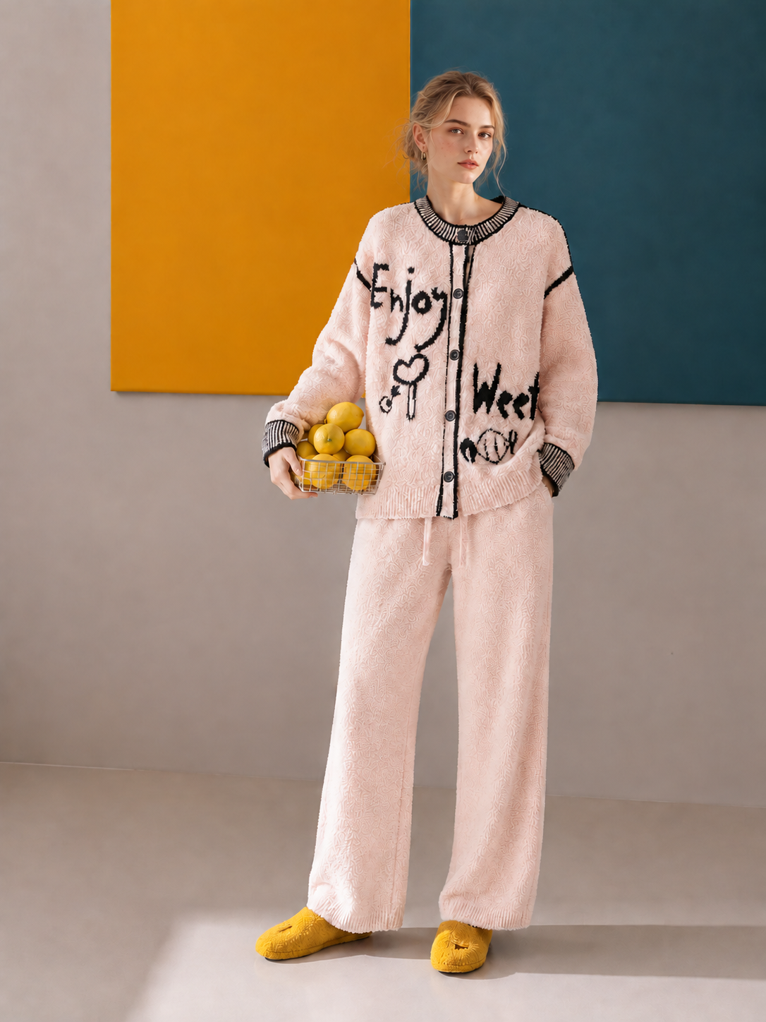 Light Pink Half Fleece Sleepwear Set, Button Front Long Sleeve Top with Graffiti Jacquard, Drawstring Wide Leg Trousers