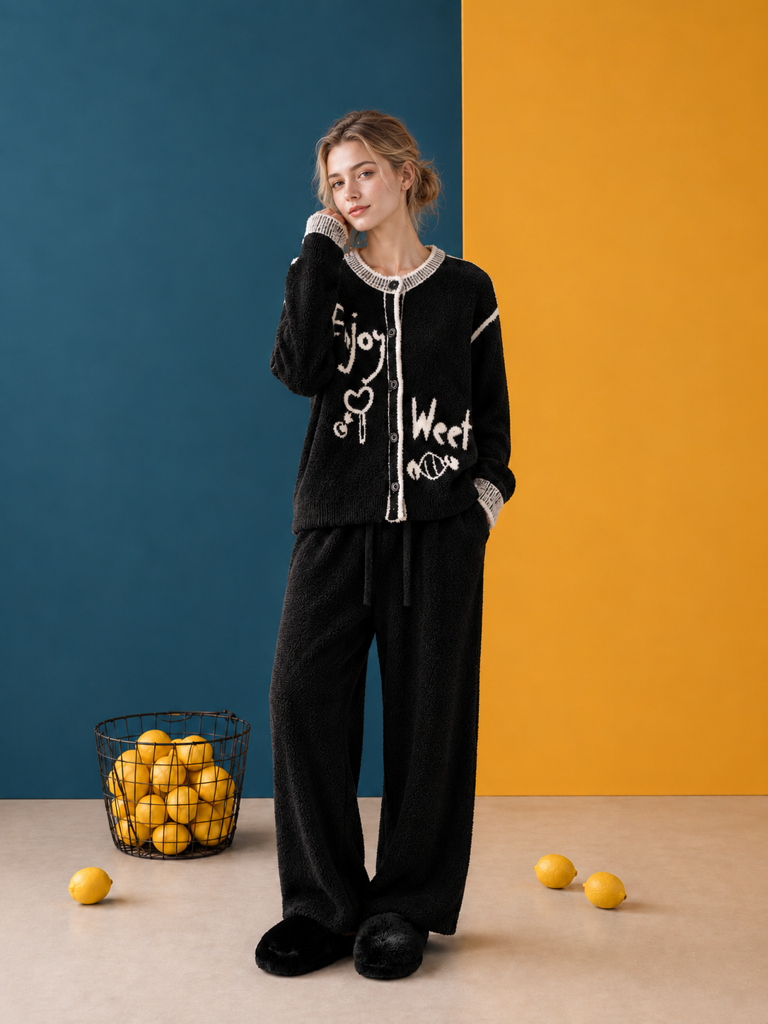 Black Half Fleece Sleepwear Set, Button Front Long Sleeve Top with Graffiti Jacquard, Drawstring Wide Leg Trousers
