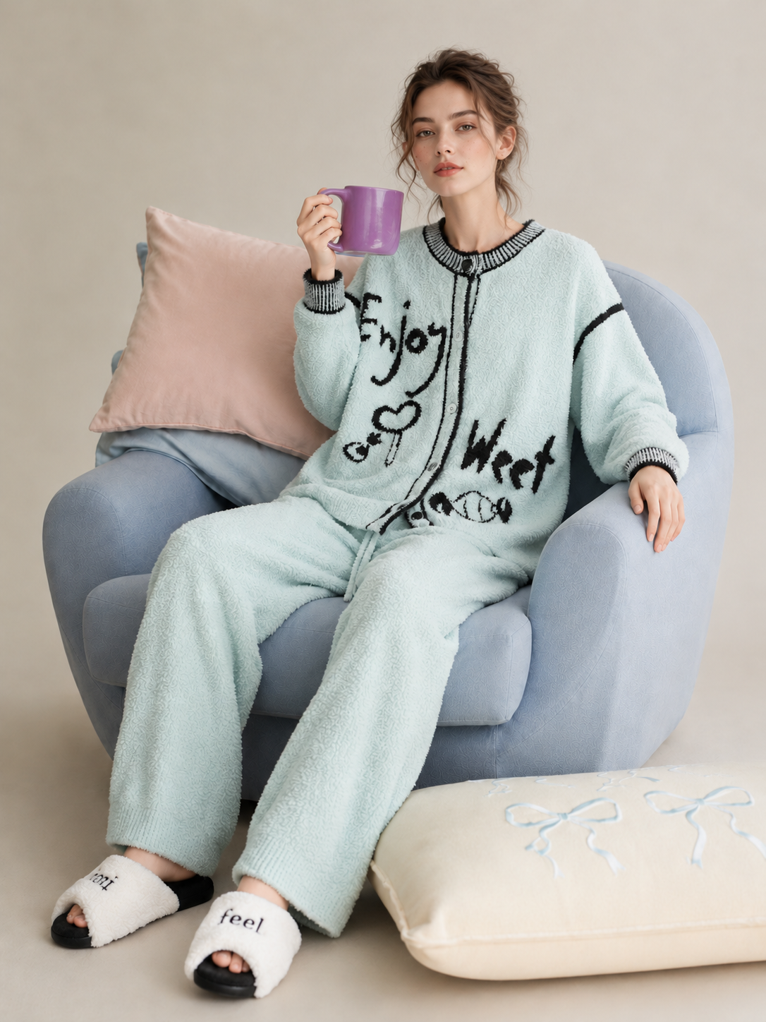 Light Blue Half Fleece Sleepwear Set, Button Front Long Sleeve Cardigan with Graffiti Jacquard, Drawstring Wide Leg Trousers