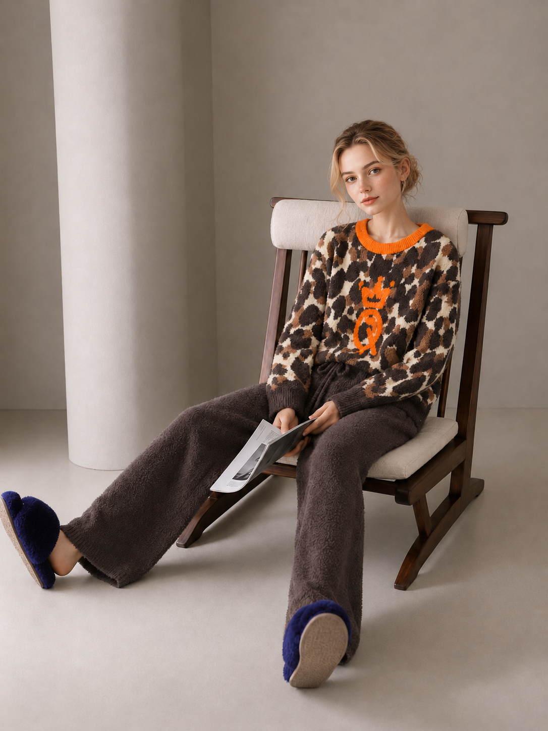 Leopard Print Half Fleece Sleepwear Set, Long Sleeve Crew Neck Top with Crown Logo, Dark Brown Drawstring Wide Leg Trousers