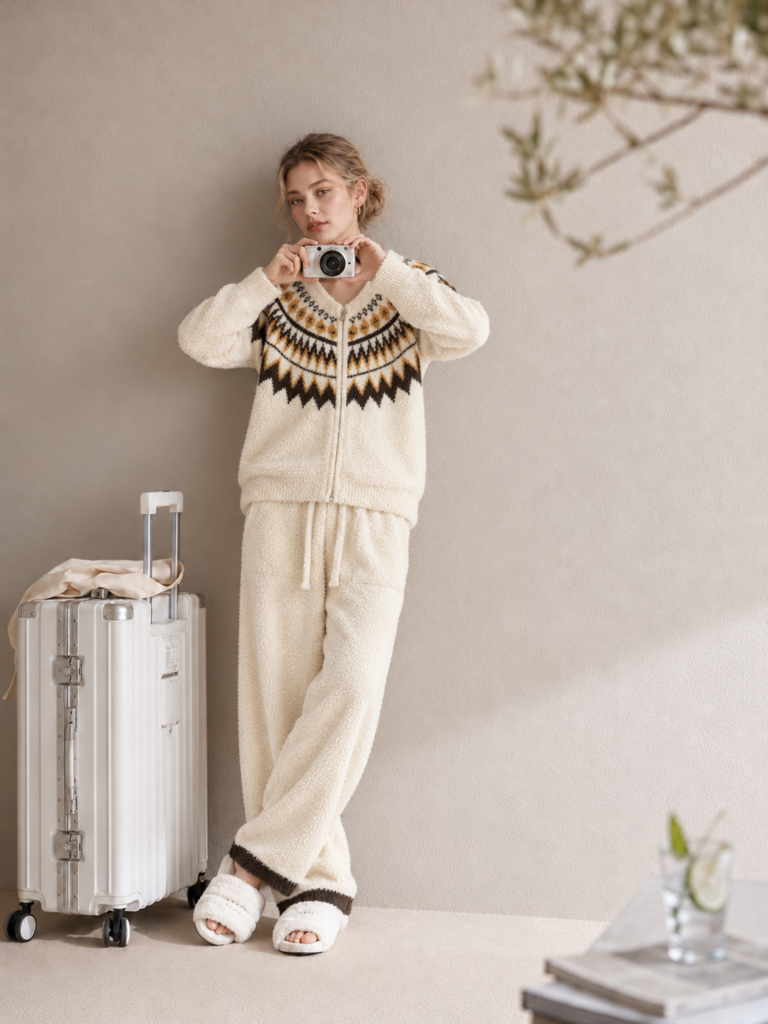 Women's cream half velvet loungewear set, Fair Isle jacquard zip-up long sleeve top, drawstring wide leg pants
