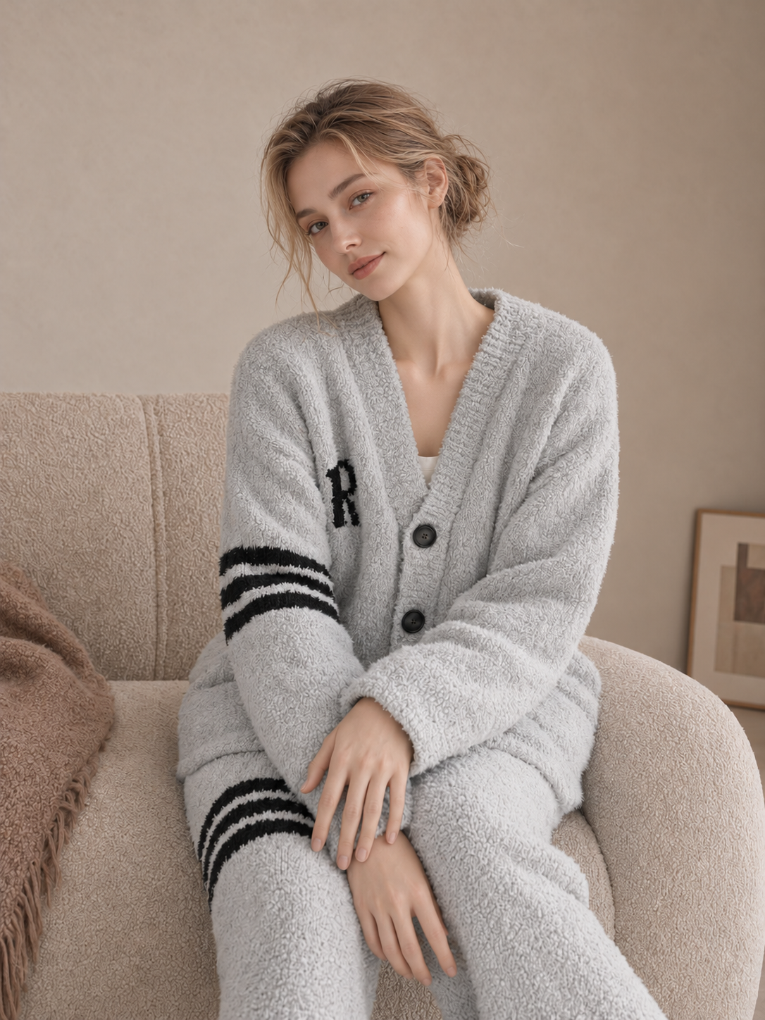 R Letter Varsity Stripe V-Neck Half Fleece Pajama Set Women's Heather Grey Warm Winter Loungewear - Image 7