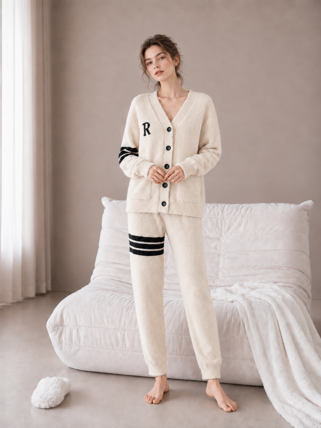 R Letter Varsity Stripe V-Neck Half Fleece Pajama Set Women's Heather Grey Warm Winter Loungewear - Image 22