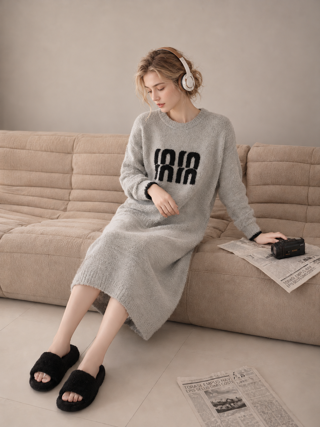 3D Letter Embroidery Crew Neck Half Fleece Nightgown Women's Beige Contrast Cuff Warm Winter Sleep Dress - Image 10