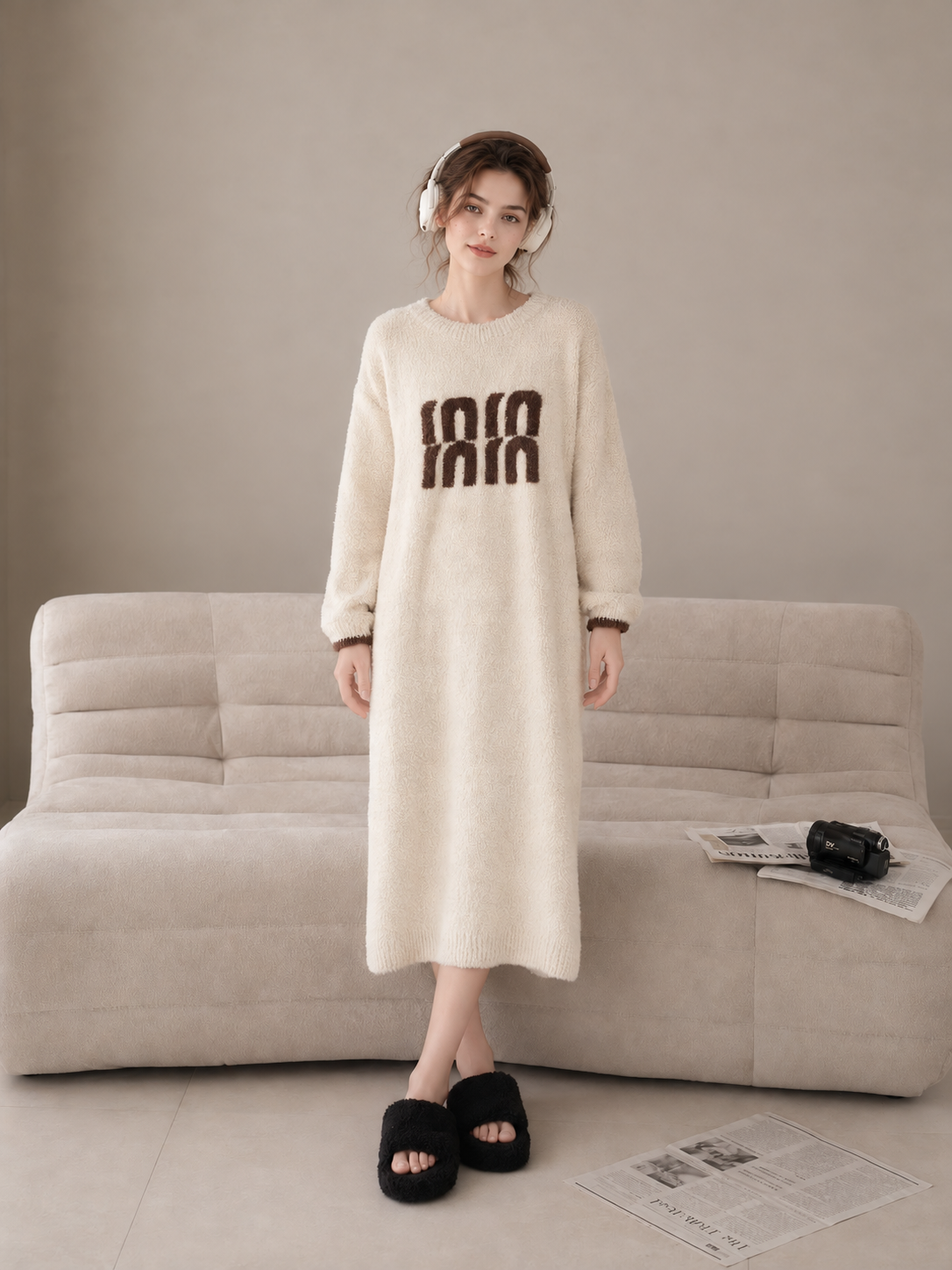 3D Letter Embroidery Crew Neck Half Fleece Nightgown Women's Beige Contrast Cuff Warm Winter Sleep Dress