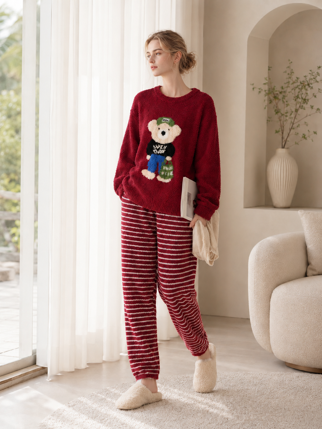 Teddy Bear Print Crew Neck Half Fleece Pajama Set Women's Red Striped Jogger Pants Warm Winter Loungewear - Image 15