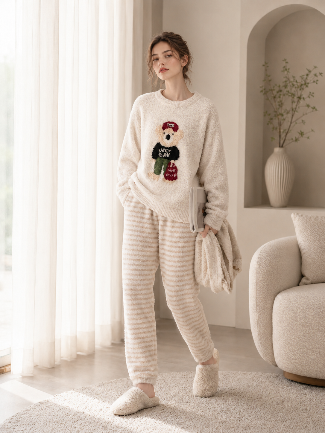 Teddy Bear Print Crew Neck Half Fleece Pajama Set Women's Red Striped Jogger Pants Warm Winter Loungewear