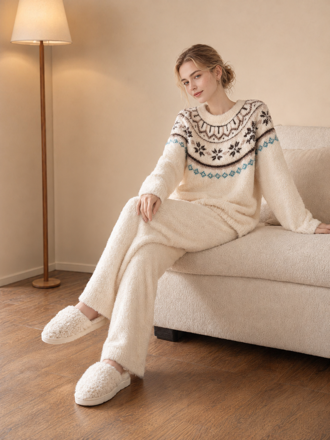 Cream Fair Isle Yoke Crew Neck Half Fleece Pajama Set Women's Vintage Winter Loungewear - 이미지 6