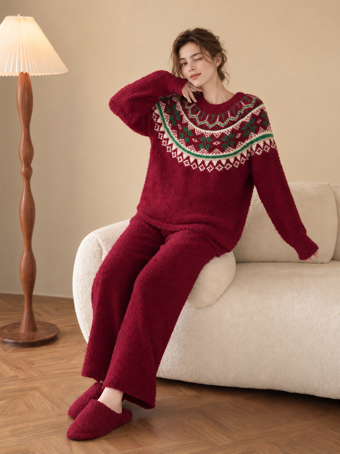Cream Fair Isle Yoke Crew Neck Half Fleece Pajama Set Women's Vintage Winter Loungewear - 이미지 20