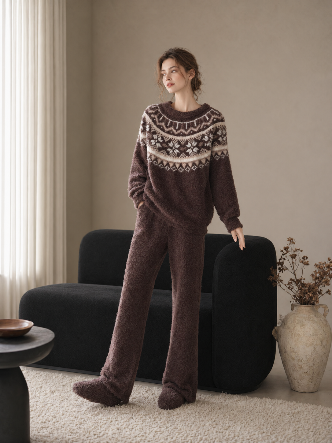 Cream Fair Isle Yoke Crew Neck Half Fleece Pajama Set Women's Vintage Winter Loungewear - 이미지 15