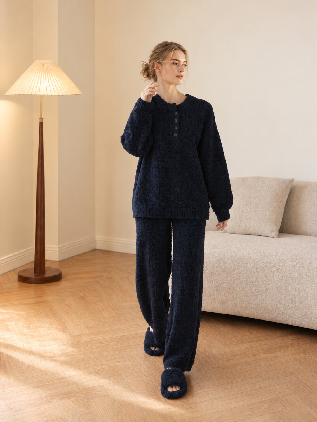 Oatmeal Henley Half Fleece Pajama Set Men's Warm Winter Loungewear with Pockets