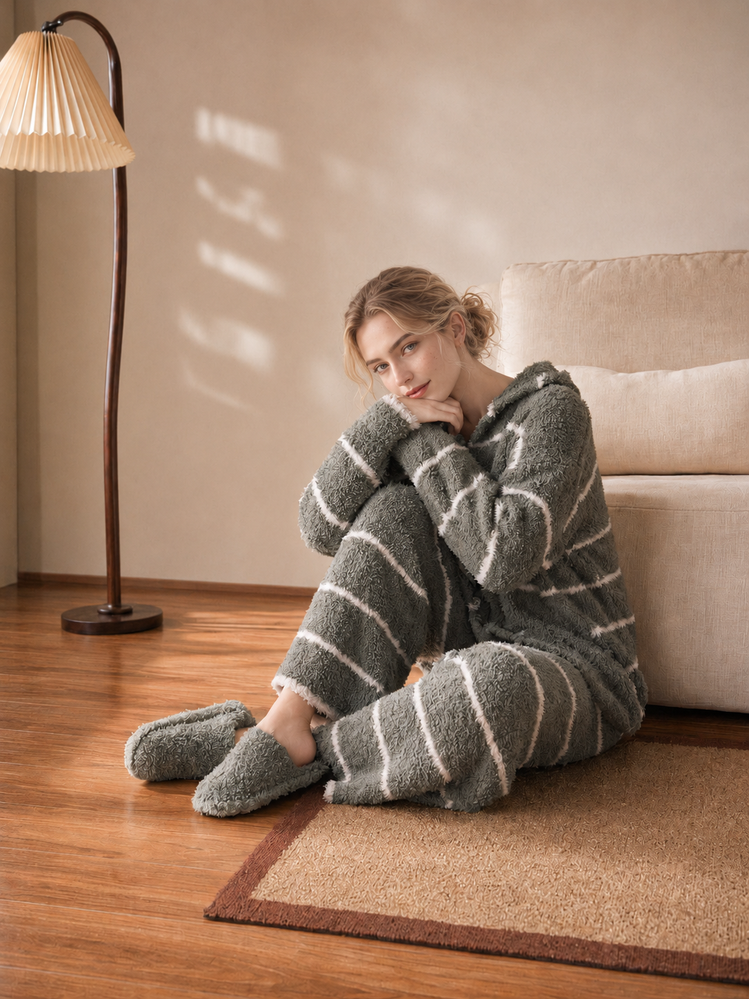 Green White Striped Zip Up Hooded Half Fleece Pajama Set Women's Warm Winter Loungewear with Pockets - Image 17