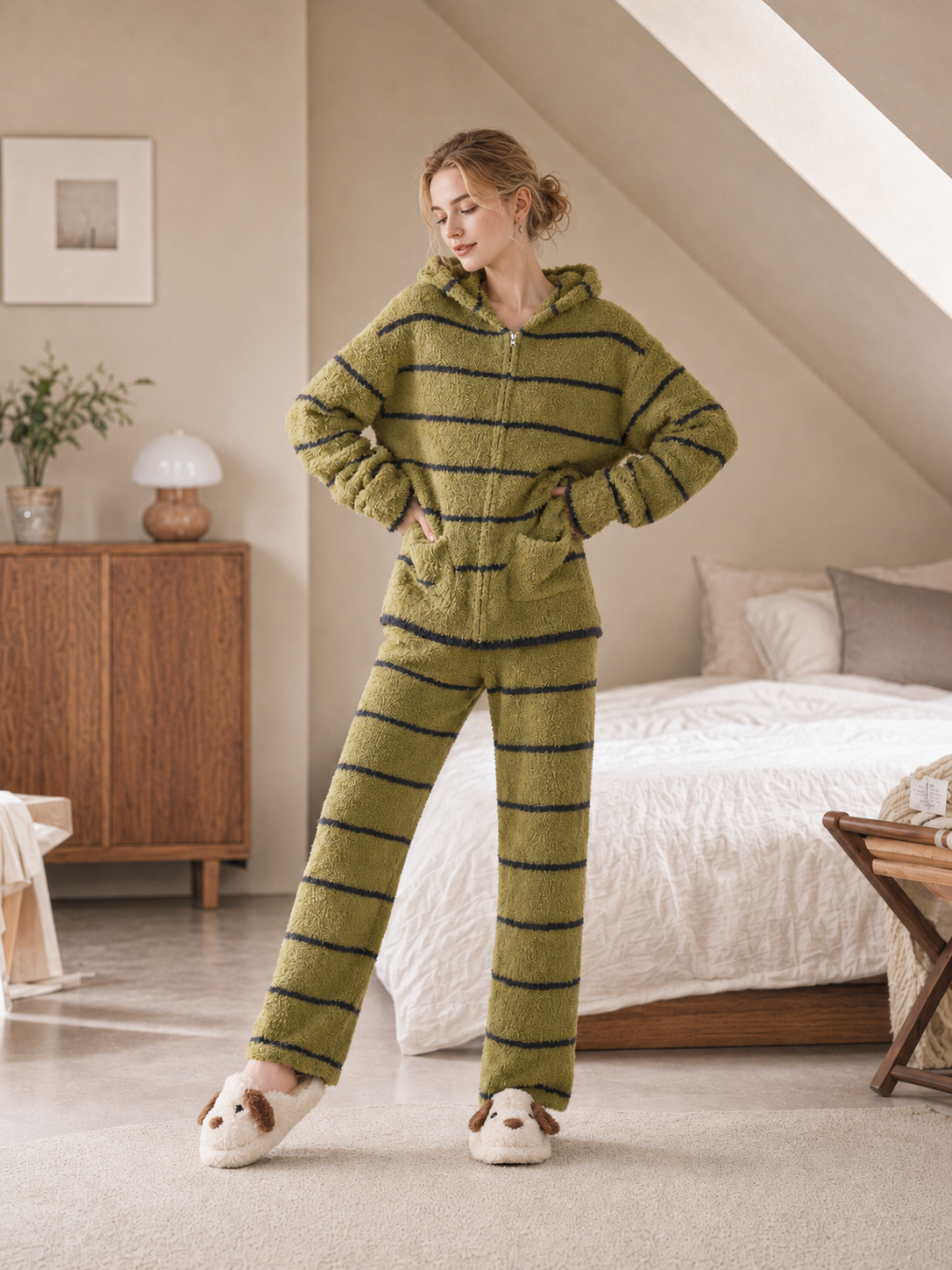 Green White Striped Zip Up Hooded Half Fleece Pajama Set Women's Warm Winter Loungewear with Pockets - Image 8