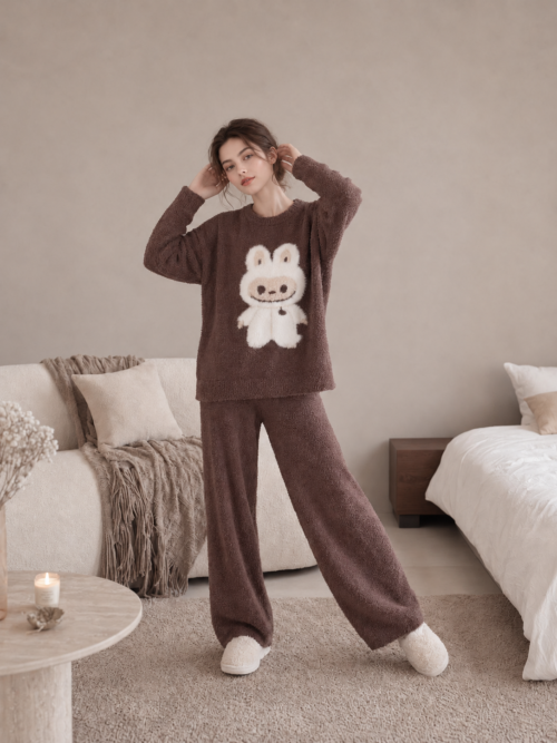 Cute Cartoon Bunny Crew Neck Half Fleece Pajama Set Women's Warm Winter Loungewear